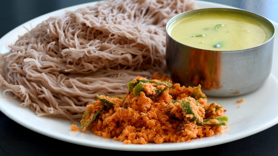 <br/>10 String hoppers with Potato curry and Coconut sambol<br/><br/>Ingredients<br/>Rice flour, Coconut oil, Potatoes, Scraped coconuts, Salt, Pepper, Red onions, Green chillies, Ginger, Garlic, Turmeric powder, Chilli powder